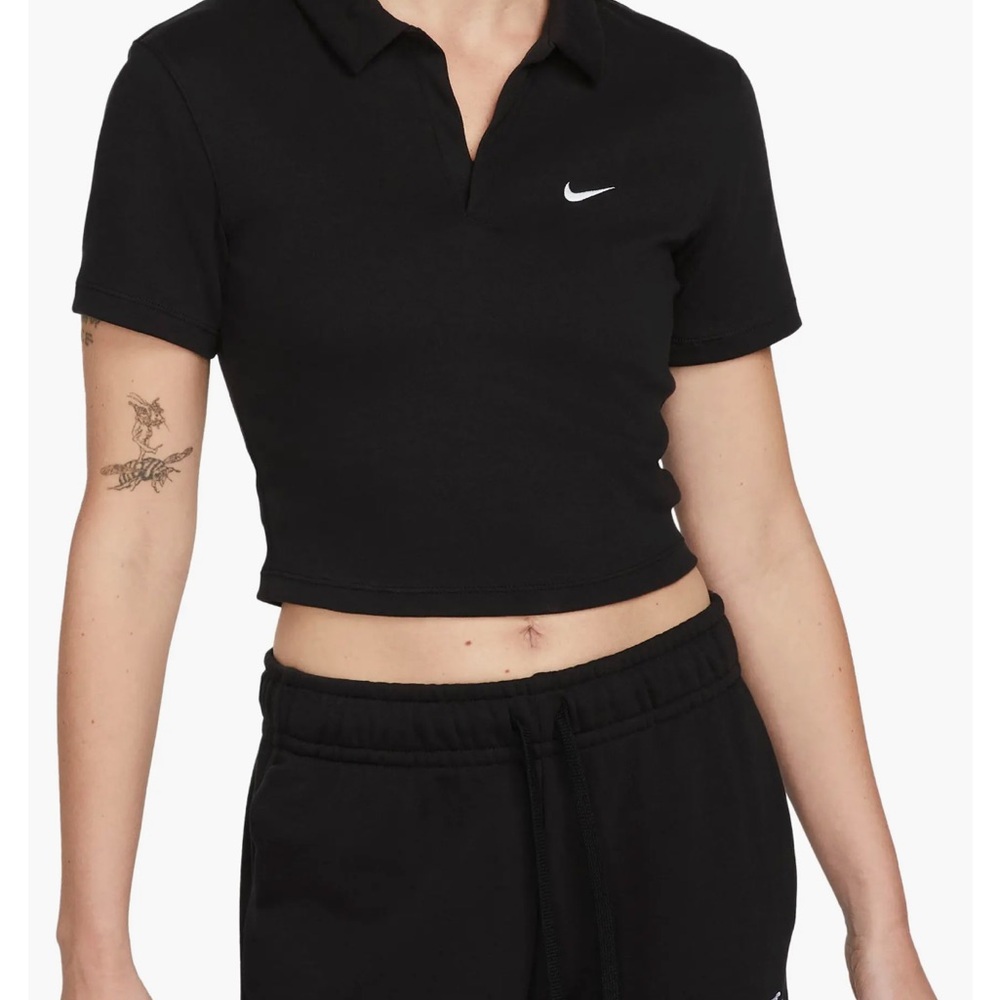 Nike Black Cropped Polo Top with White Swoosh